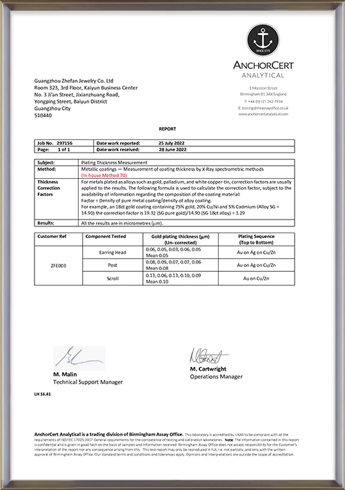 18K Gold Thickened 0.05&mu;m Plating Test Report - Zhefan Jewelry