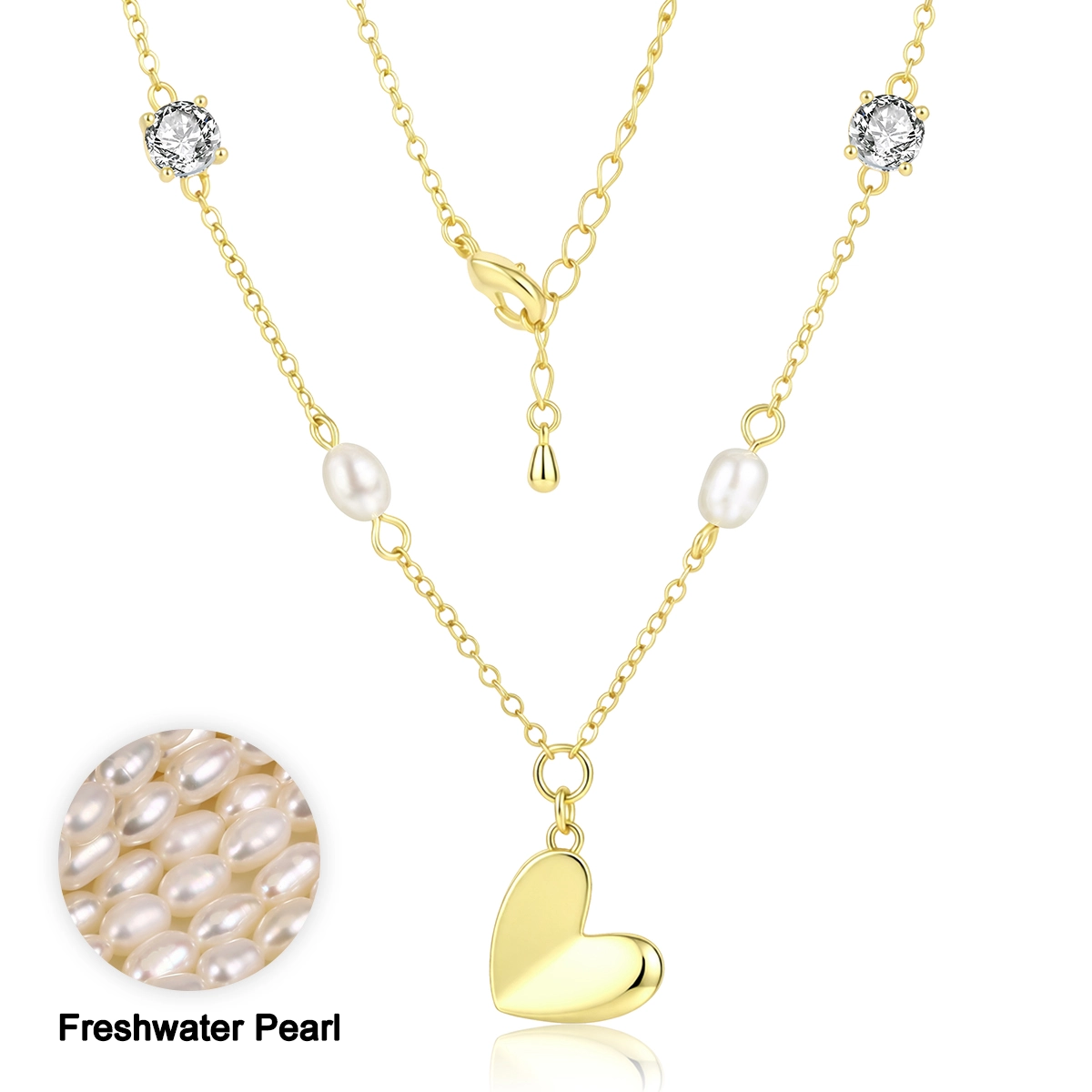 Vista frontale di una collana con pendente a forma di cuore in perla d'acqua dolce e dettagli in zirconi cubici bianchi. - Zhefan Jewelry