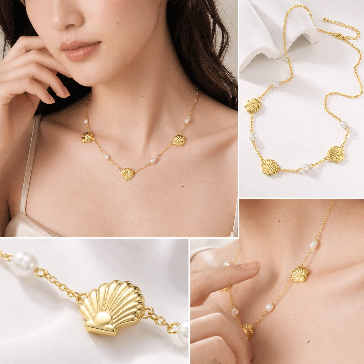 Collana di perle d'acqua dolce all'ingrosso - collage di dettagli - Zhefan Jewelry Presentazione all'ingrosso di collane di perle con modelle che le indossano, dettagli della conchiglia e primi piani di perle d'acqua dolce - Zhefan Jewelry