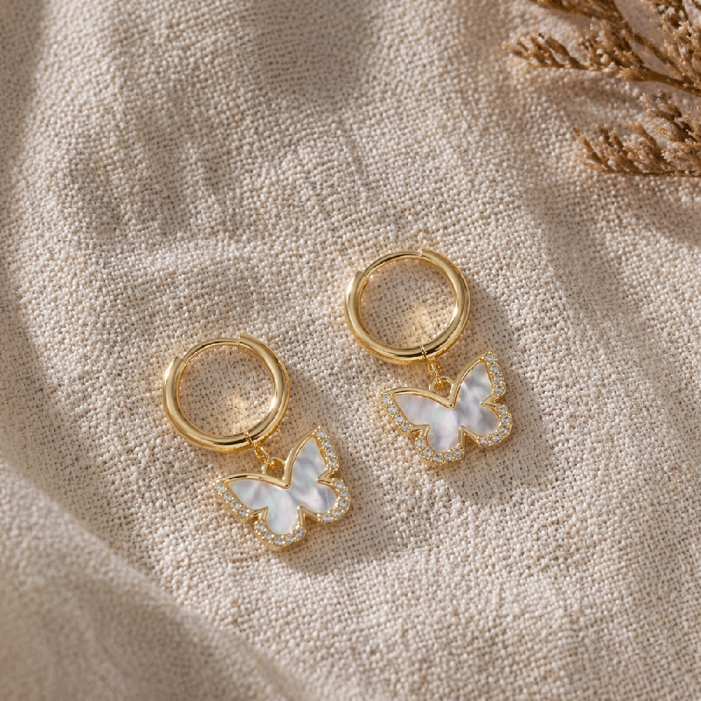 Gold hoop earrings with butterfly charm - Zhefan Jewelry Gold hoop earrings with butterfly charm - Zhefan Jewelry