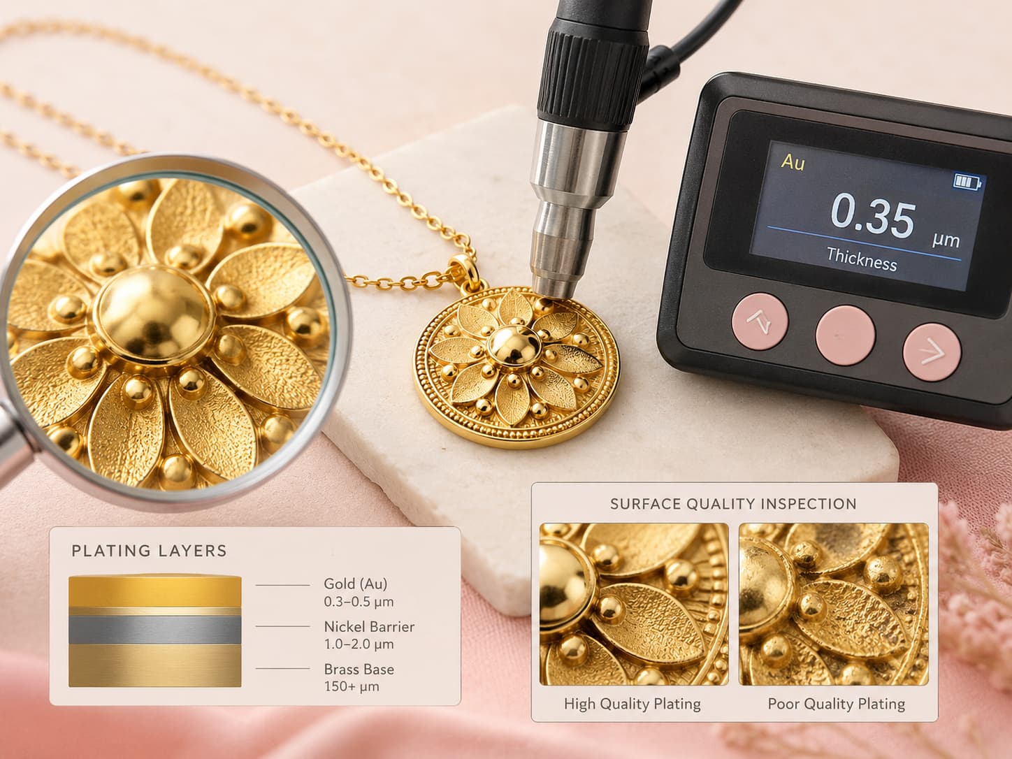 Gold plated brass necklace plating quality inspection