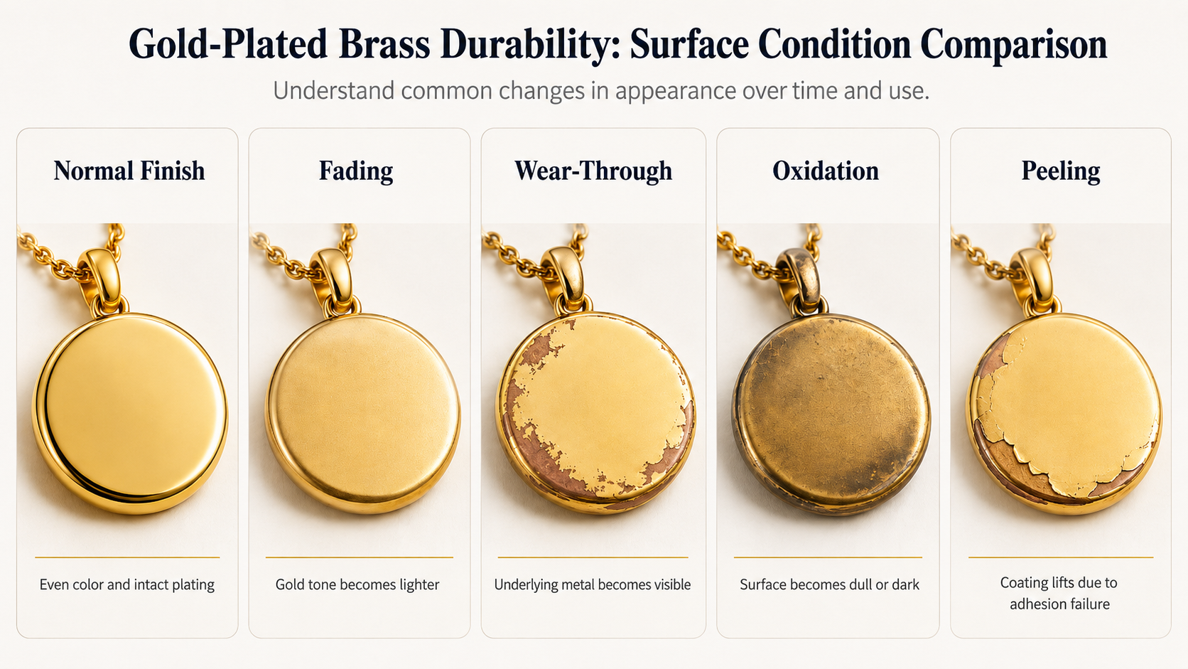 gold plated brass tarnish fading and plating failure comparison