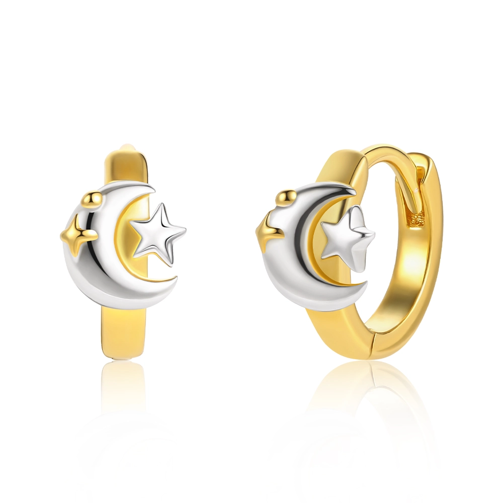 Orecchini a cerchio in argento 925 placcato oro con design bicolore luna e stella - Zhefan Jewelry