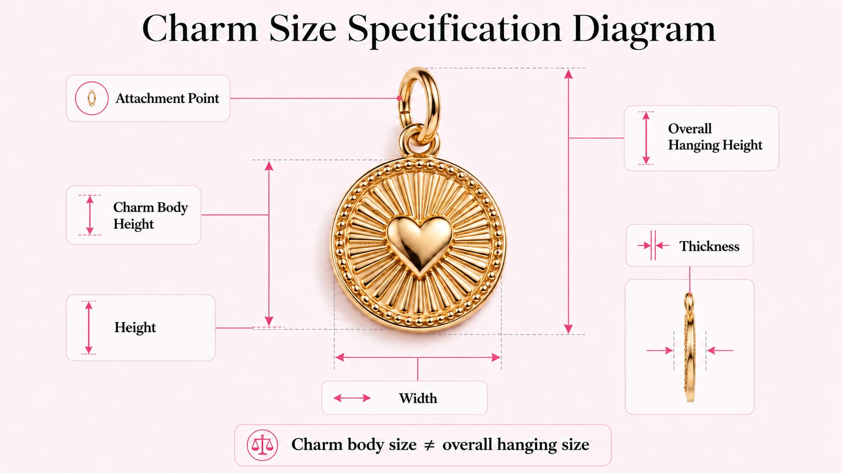 Gold vermeil bracelet charm size specification showing width, height, thickness, attachment point and overall hanging height