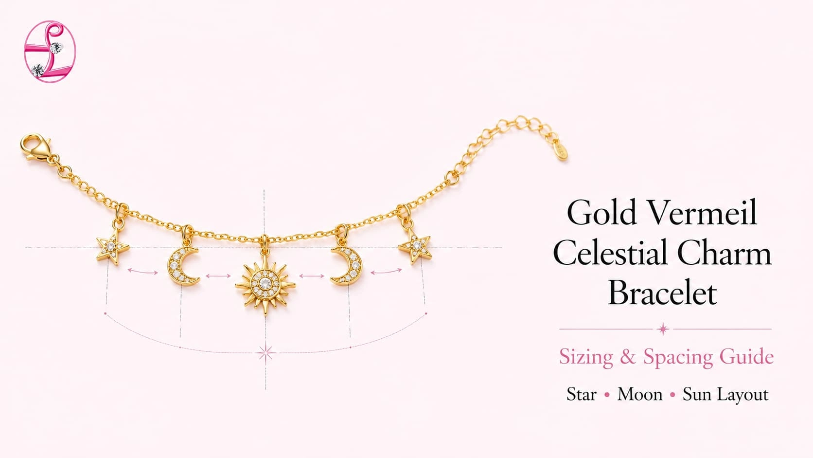 Copertina con guida alle dimensioni e alla spaziatura dei ciondoli celesti in vermeil d'oro, che mostra la disposizione dei ciondoli a stella, luna e sole - Zhefan Jewelry