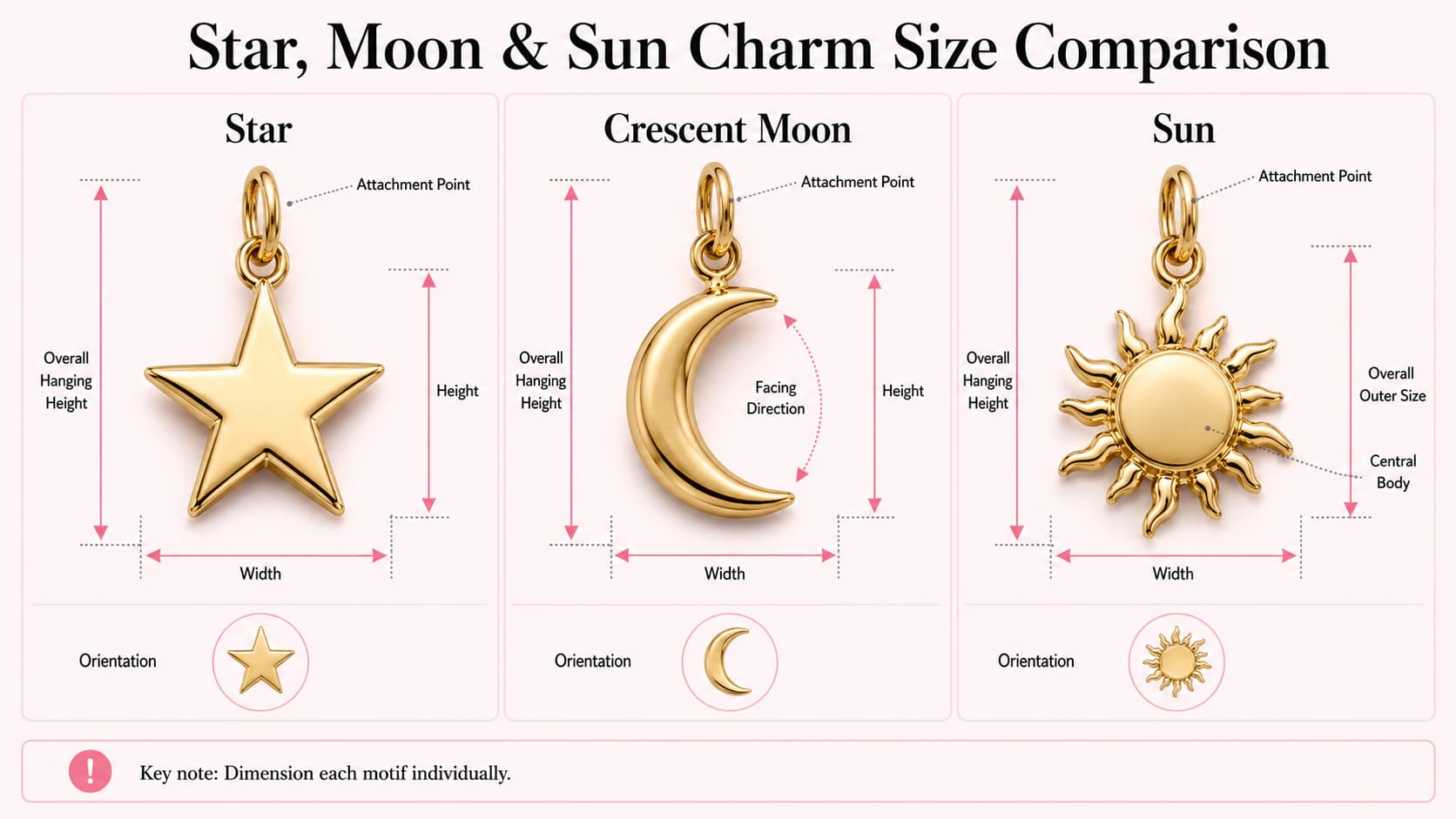 Gold vermeil celestial charm size comparison showing star moon and sun width height hanging size attachment point and orientation