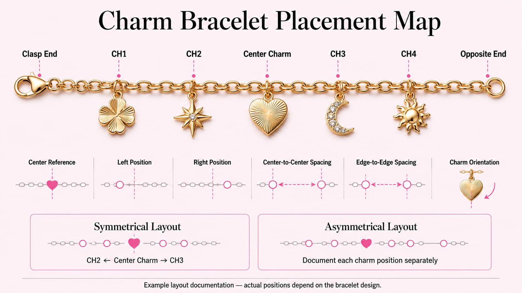Gold vermeil charm bracelet placement map showing center charm, left and right positions, spacing methods and charm orientation