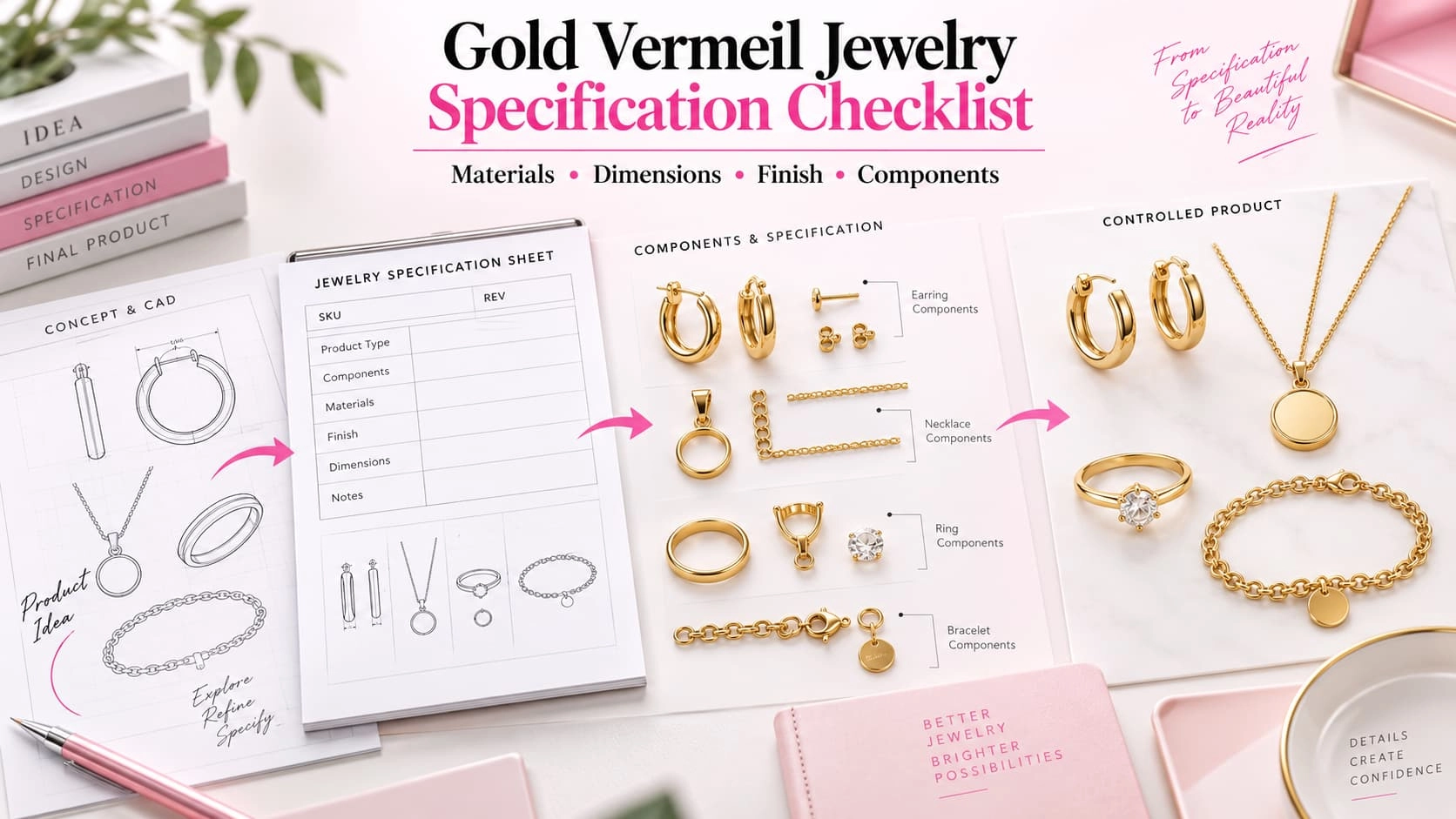 Lista di specifiche per gioielli in vermeil d'oro con materiali, dimensioni, finitura, componenti e disegni tecnici - Zhefan Jewelry