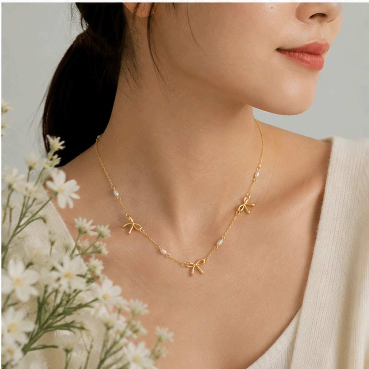 Collana con fiocco di perle in vermeil d'oro, base in argento sterling 925 e perla d'acqua dolce - Zhefan Jewelry