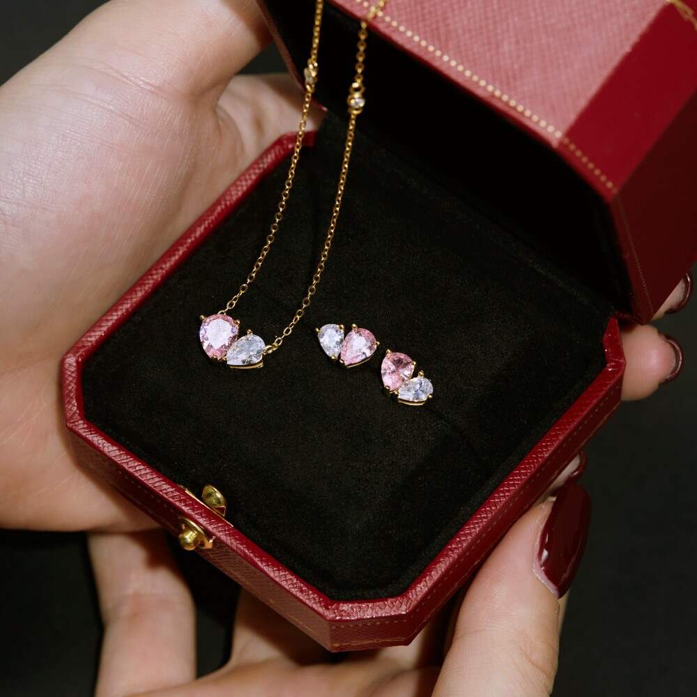 Heart Jewelry Sets with White Pink Zircon 3 Heart Jewelry Sets with White Pink Zircon 3
