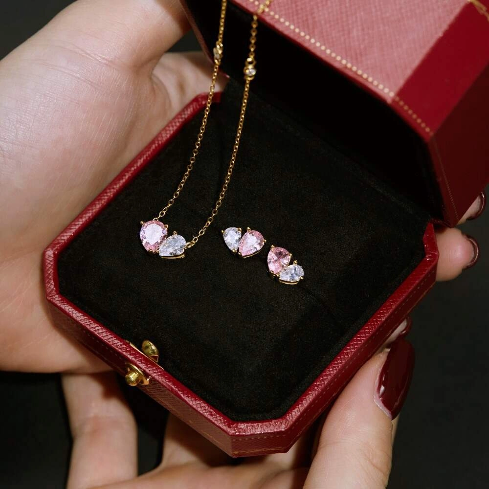 Heart Jewelry Sets with White Pink Zircon 3 - Zhefan Jewelry