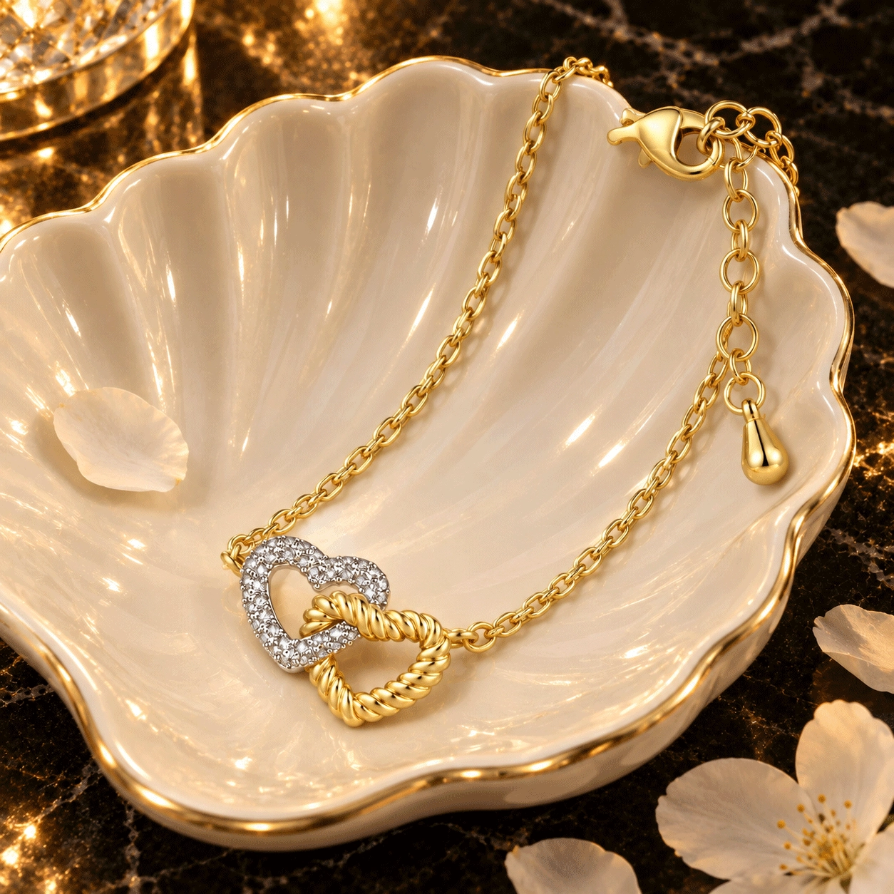 Heart necklace with interlocking double heart pendant and pavé-set cubic zirconia displayed in a jewelry styling scene - Zhefan Jewelry