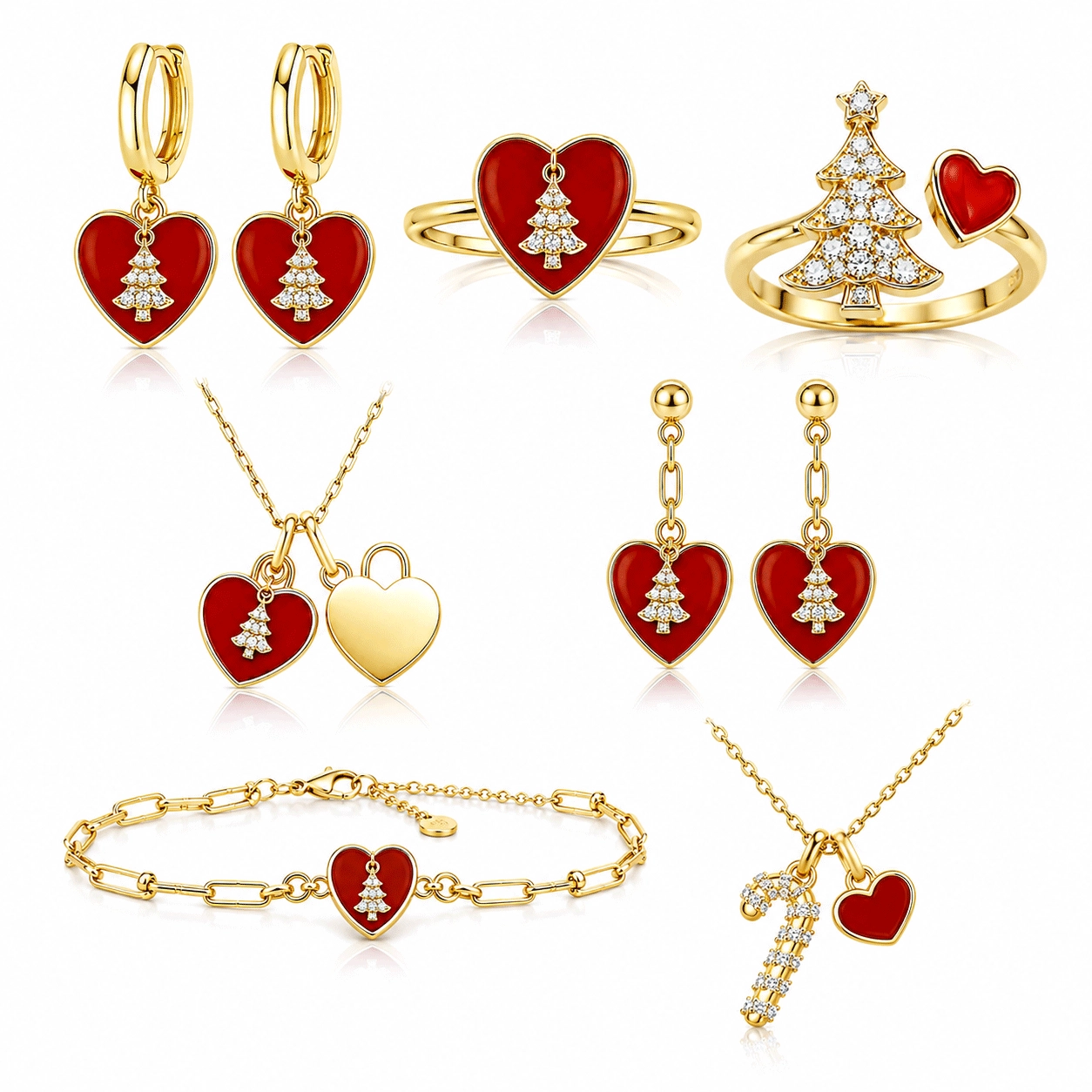 Holiday jewelry supplier collection with red heart Christmas tree earrings rings necklaces bracelet and candy cane pendant - Zhefan Jewelry