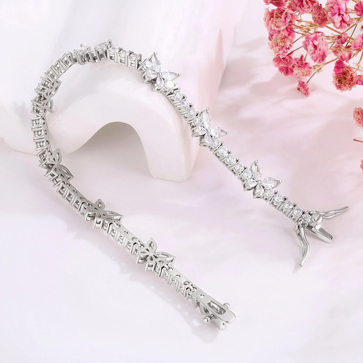 CZ tennis bracelet wholesale design with butterfly motifs and clear stones - Zhefan Jewelry