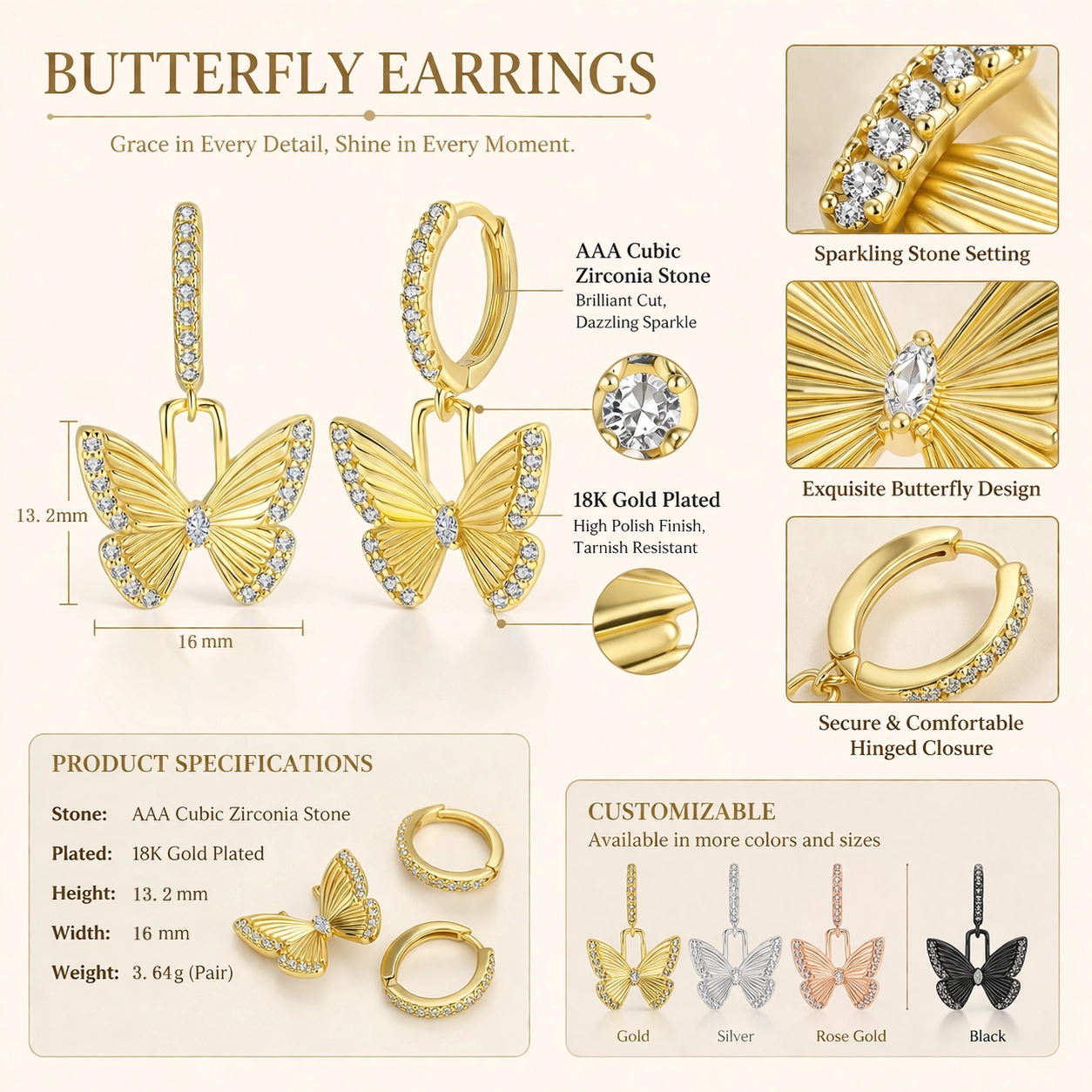 ODM Gold Butterfly Hoop Earrings for Brands - Zhefan Jewelry