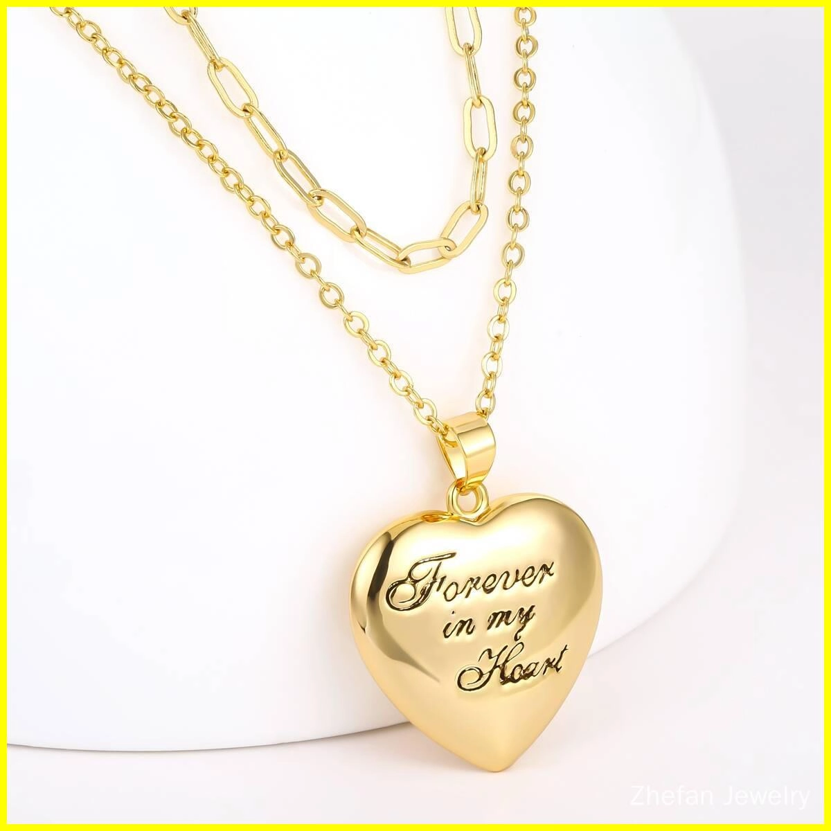 Collana con ciondolo a forma di cuore gonfio e catena a graffetta - Ottone 2 - Gioielli Zhefan