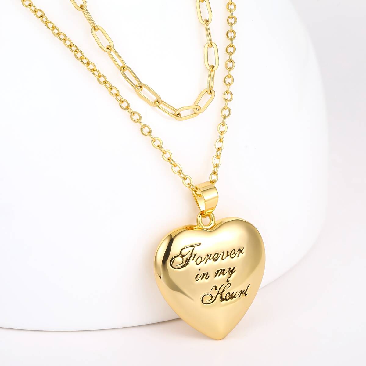 Paper Clip Chain Puffy Heart Pendant Necklace - Brass 2