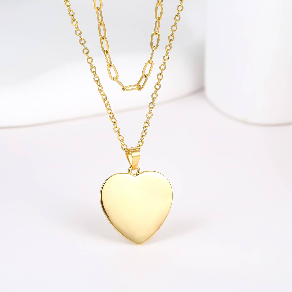 Paper Clip Chain Puffy Heart Pendant Necklace - Brass 3