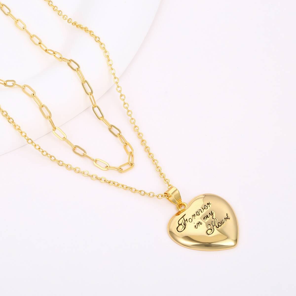 Paper Clip Chain Puffy Heart Pendant Necklace - Brass 4