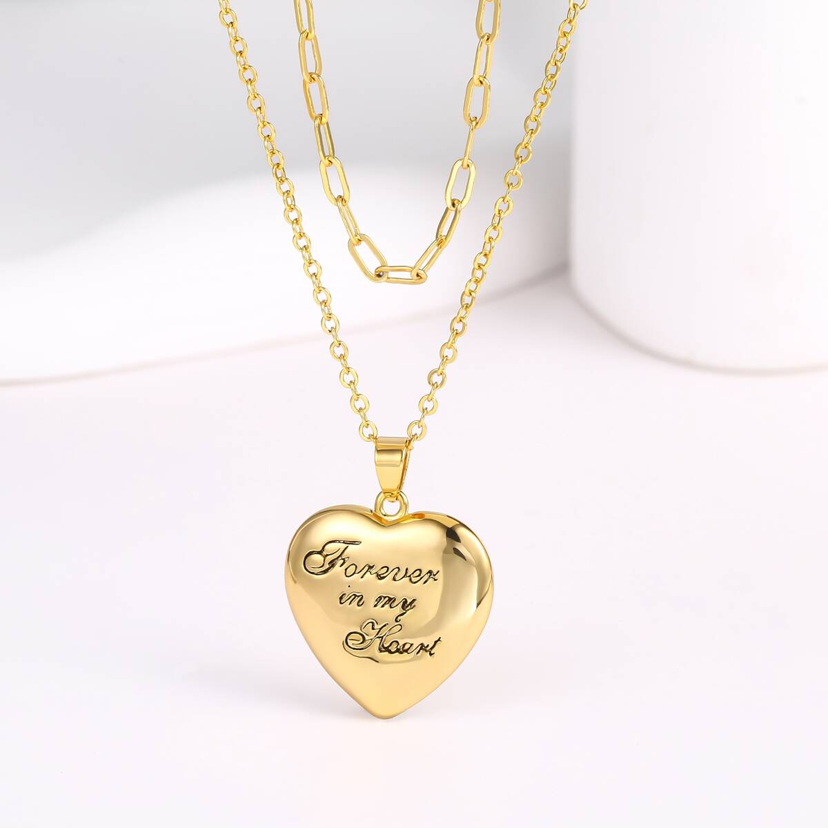 Paper Clip Chain Puffy Heart Pendant Necklace - Brass 5