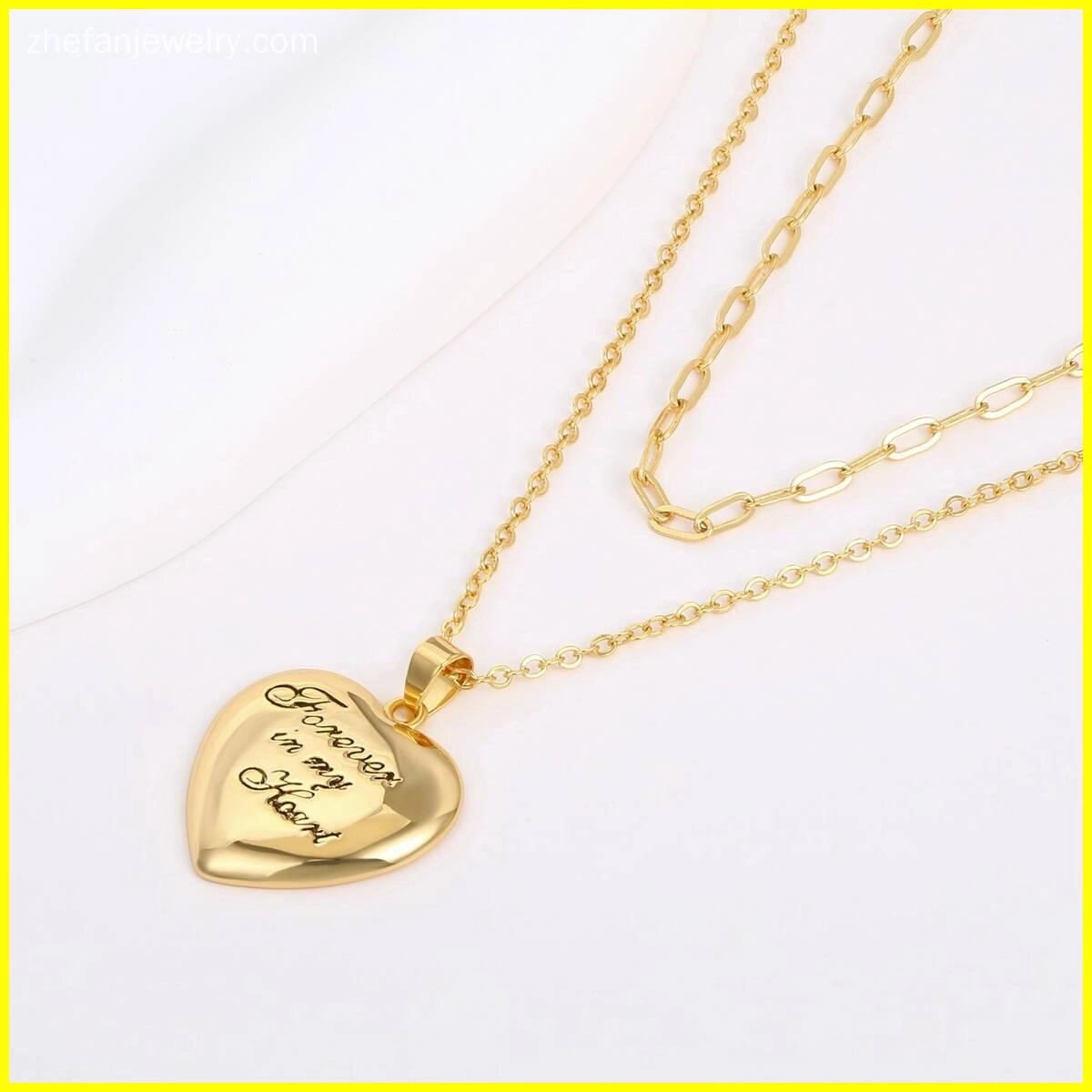 Paper Clip Chain Puffy Heart Pendant Necklace - Brass 6 - Zhefan Jewelry