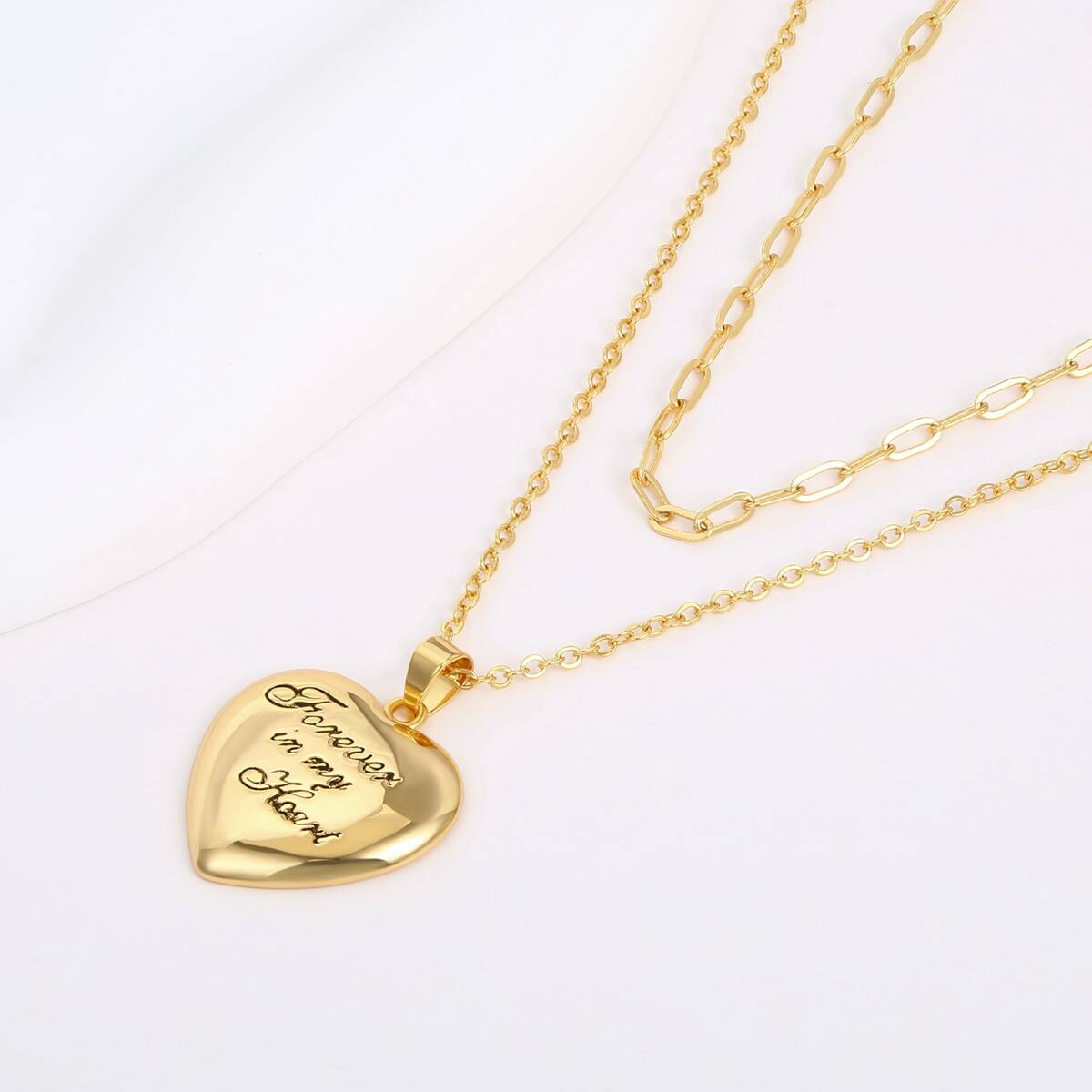 Paper Clip Chain Puffy Heart Pendant Necklace - Brass 6