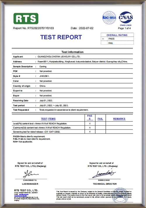 REACH-RTS Test Report - Zhefan Jewelry