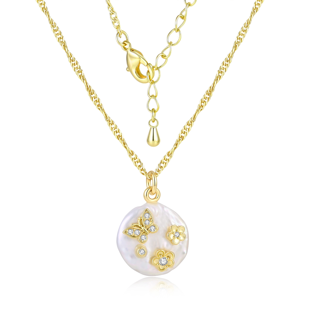 Collana personalizzata con pendente in argento 925 con perla barocca, farfalla e dettagli floreali - Zhefan Jewelry