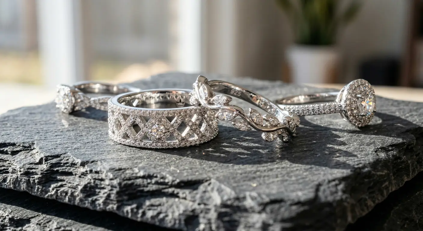 several finished custom sterling silver rings resting on a piece of dark, textured slate. - Zhefan Jewelry