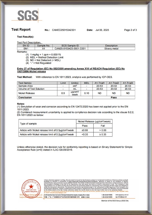 Stainless Steel Jewelry Nickel test report-SGS - Zhefan Jewelry