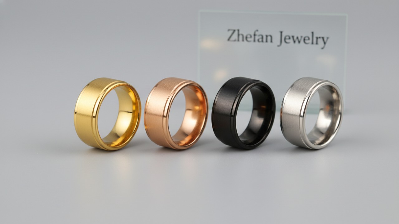 Stainless steel rings in yellow gold rose gold and black PVD finishes