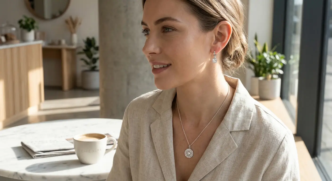 sterling silver huggie earrings and a matching pendant.