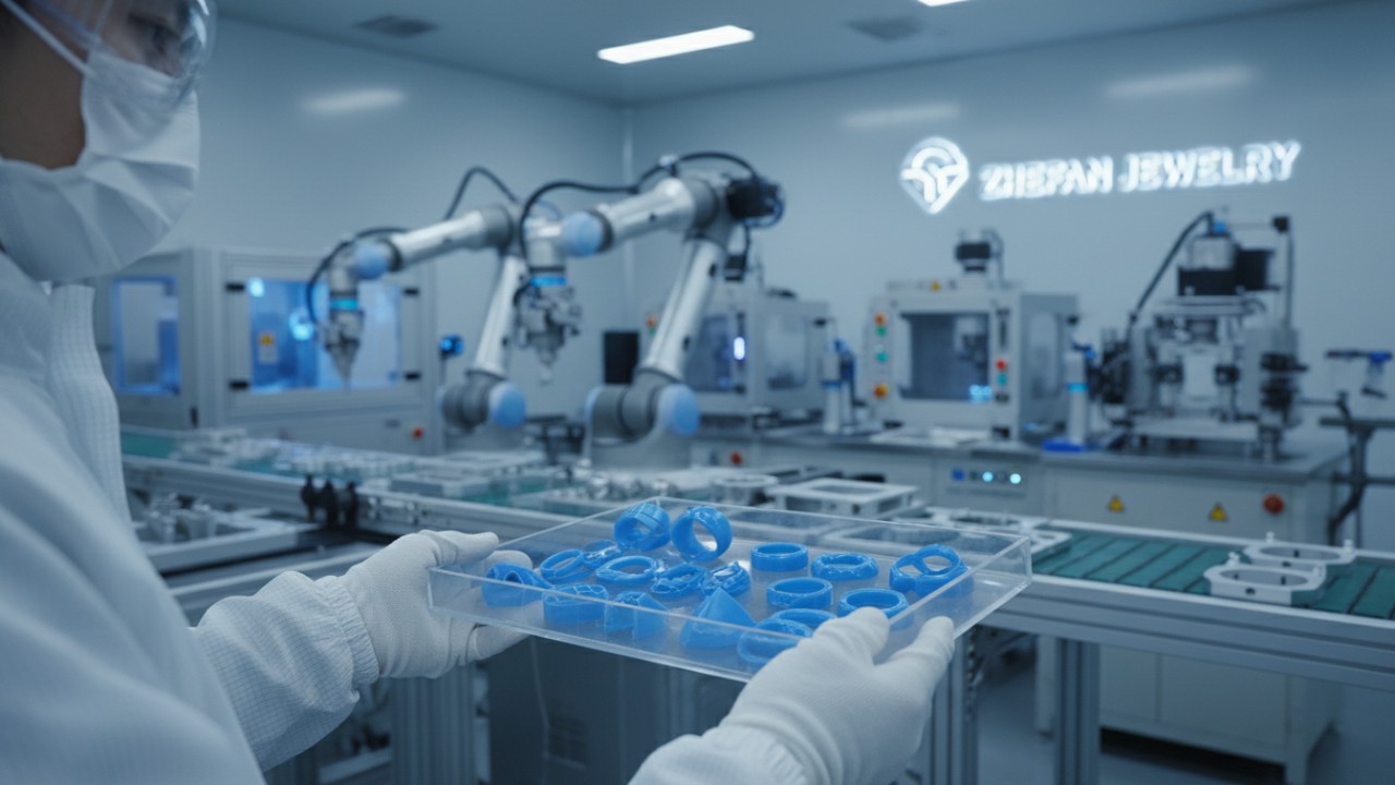 Technician holding 3D printed jewelry prototypes in a high-tech modern manufacturing facility