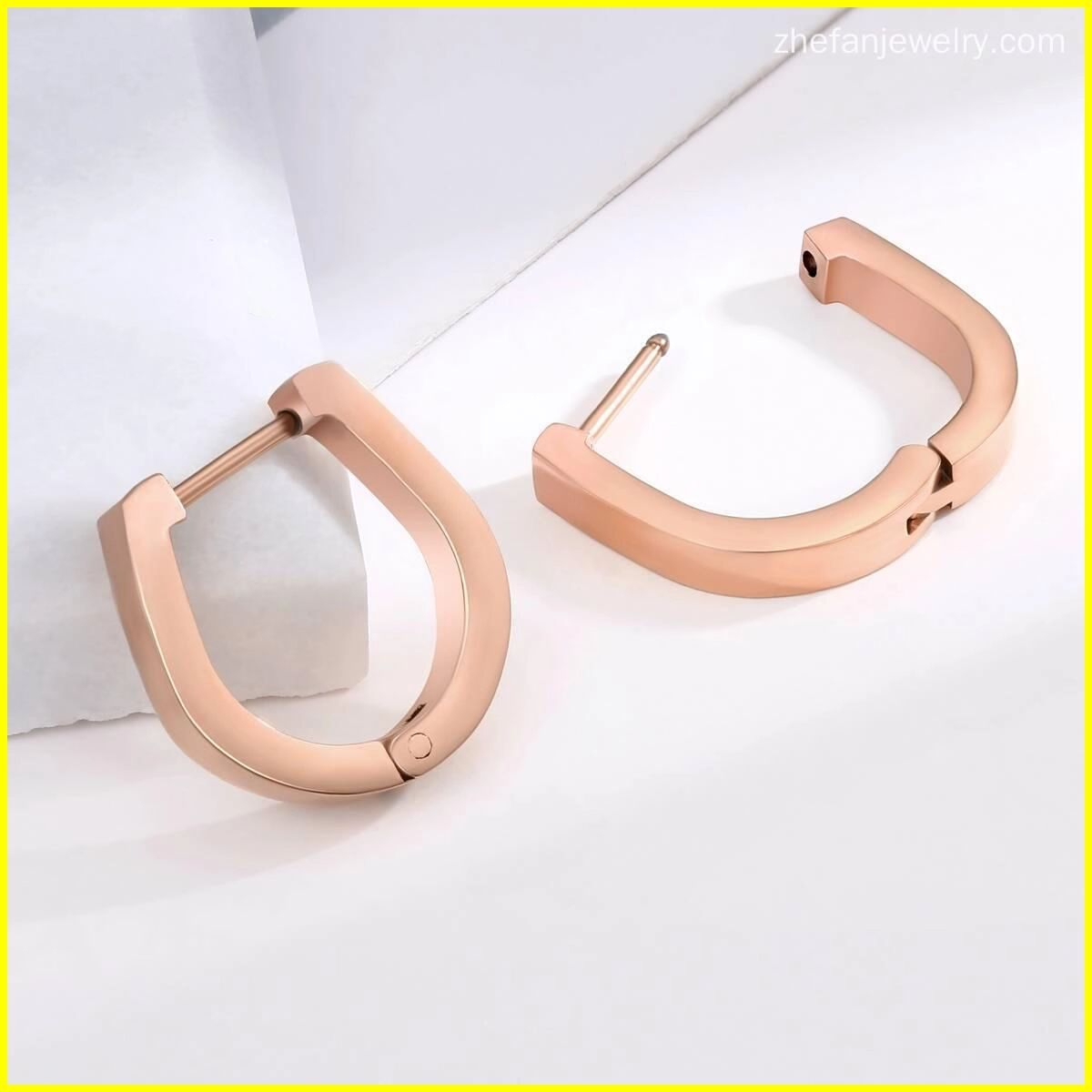 U Shape Geometric Hugggie Earrings - Rose Gold 5 - Zhefan Jewelry