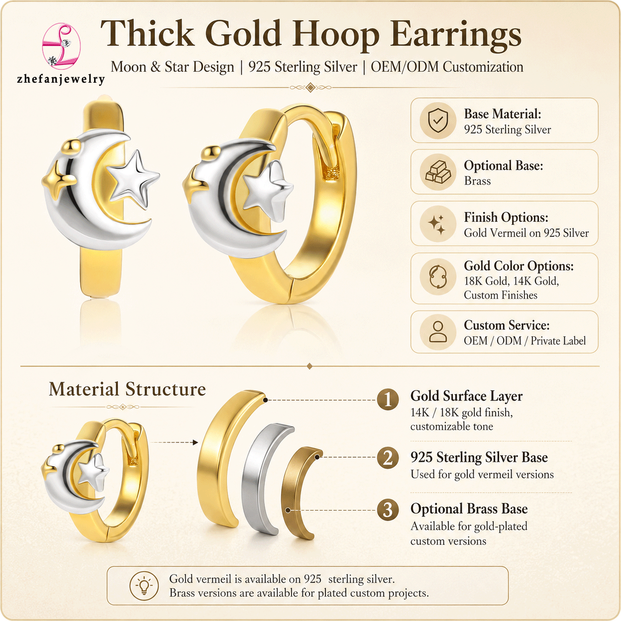 Wholesale gold vermeil 925 silver hoop earrings with a two-tone moon and star design