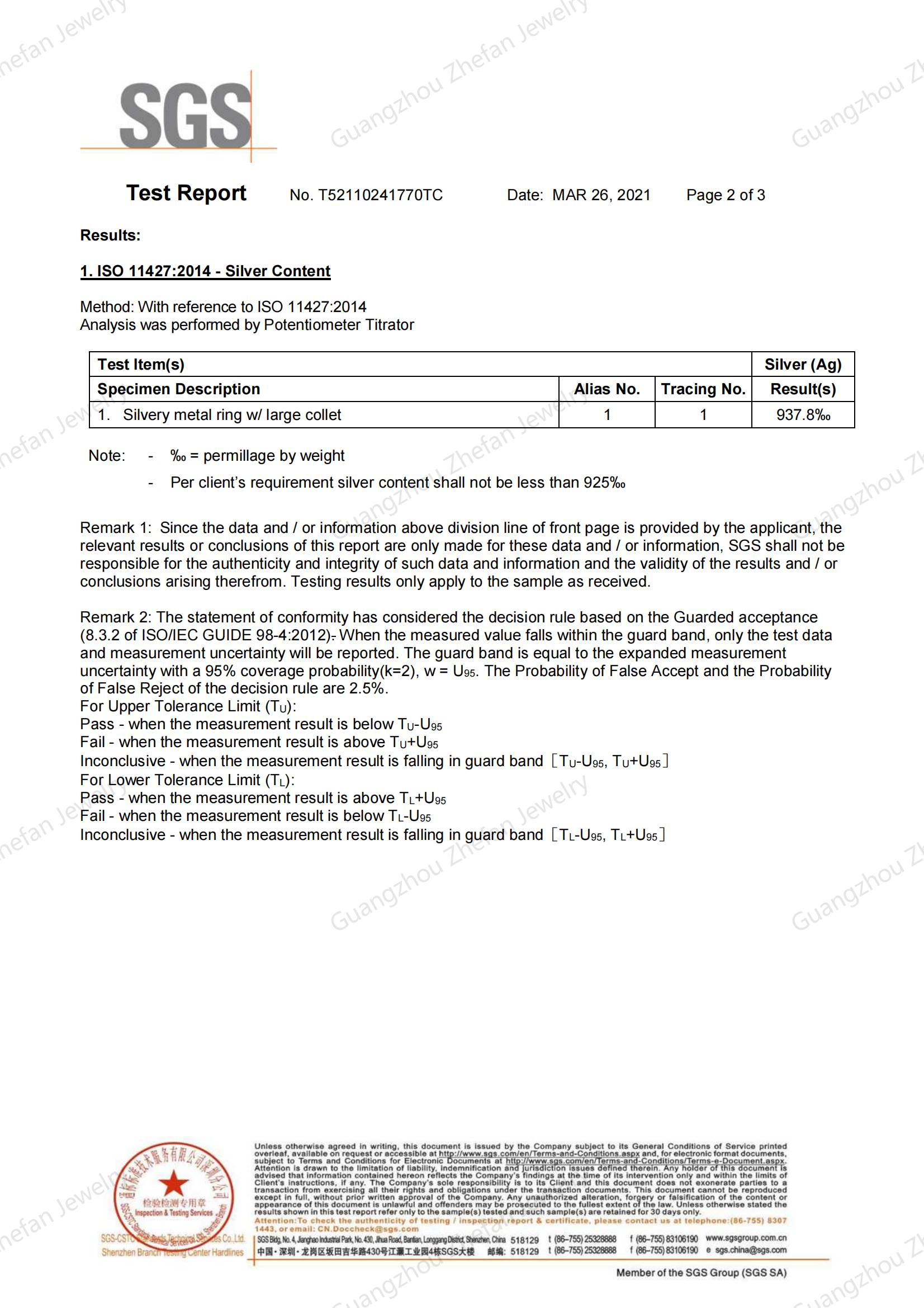Zhefan SGS 925 silver contect test report_01 Zhefan SGS 925 silver contect test report_01