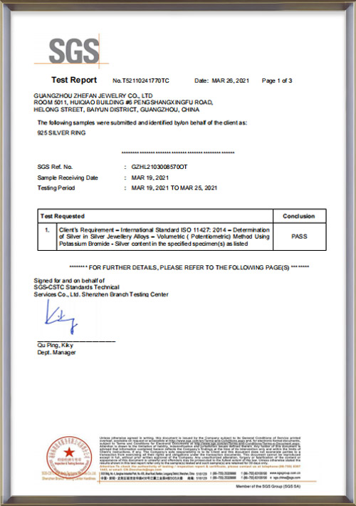 Zhefanjewelry SGS 925 silver contect test report