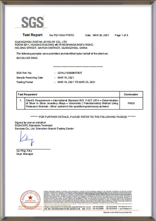 Zhefanjewelry SGS 925 silver contect test report - Zhefan Jewelry