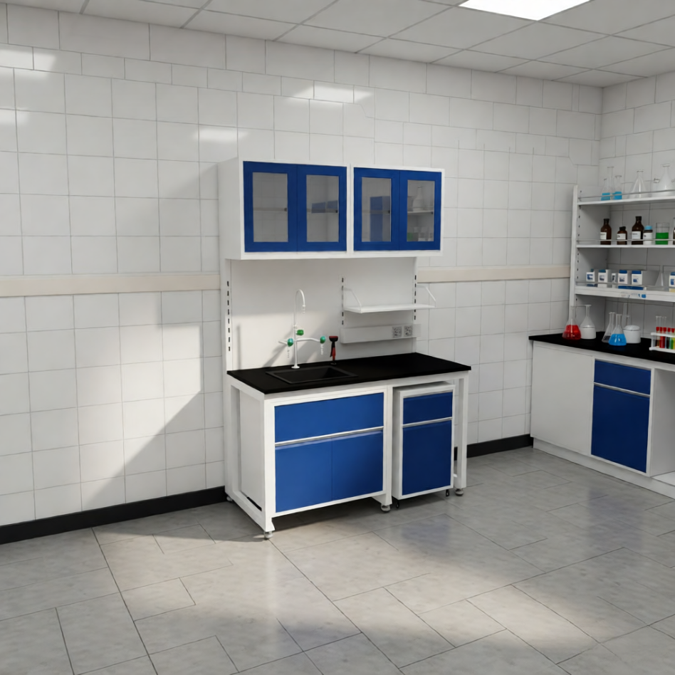 Banco modular móvil con repisas
