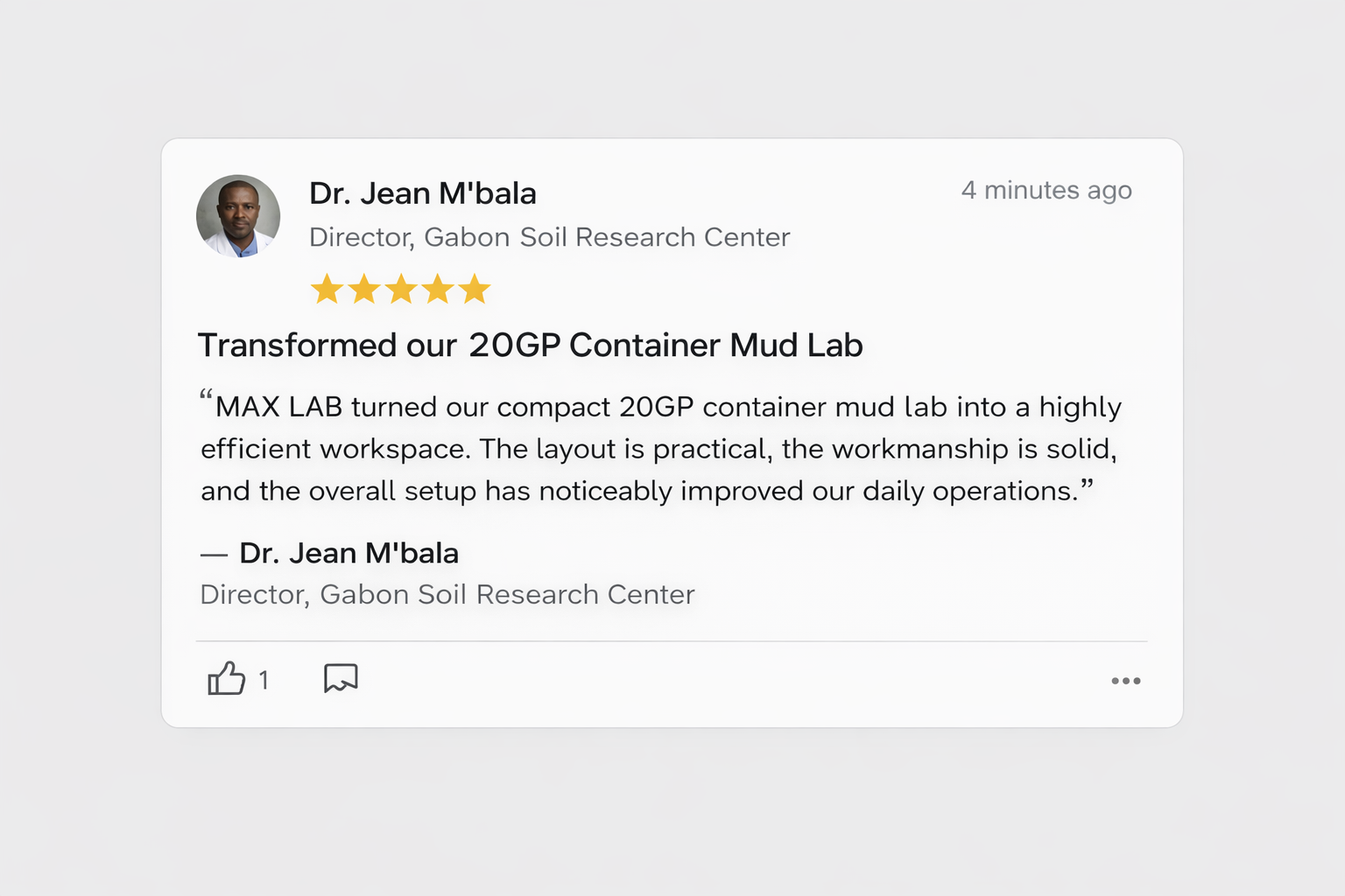 Google-style client review from Dr. Jean M&rsquo;bala, Director of Gabon Soil Research Center, on Max Lab&rsquo;s 20GP container mud laboratory project