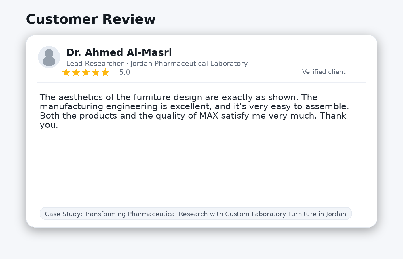 Google-style client review from Dr. Ahmed Al-Masri, Lead Researcher at Jordan Pharmaceutical Laboratory, praising Max Lab&rsquo;s custom laboratory furniture quality and easy installation