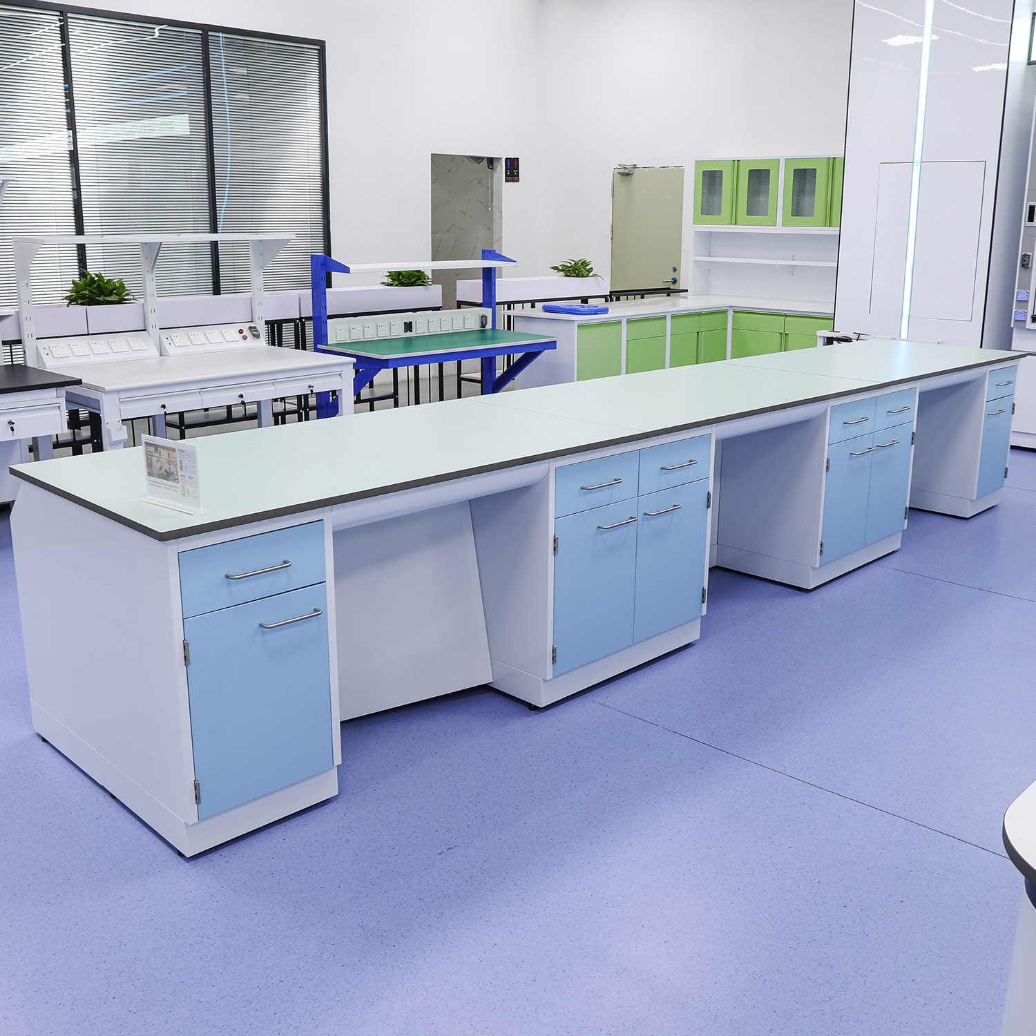 L shape laboratory bench with storage cabinets