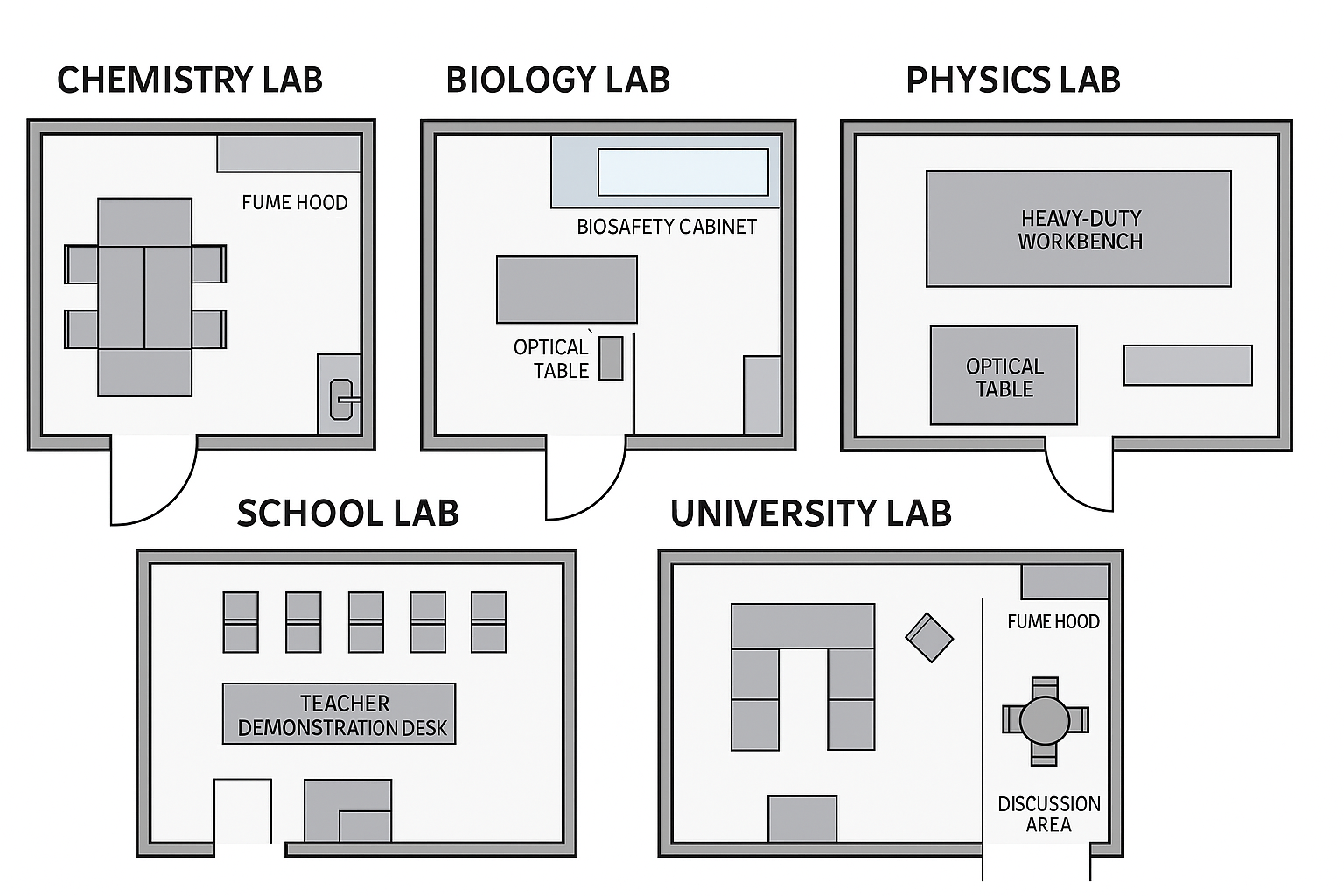 Layout diagrams of different types of laboratories