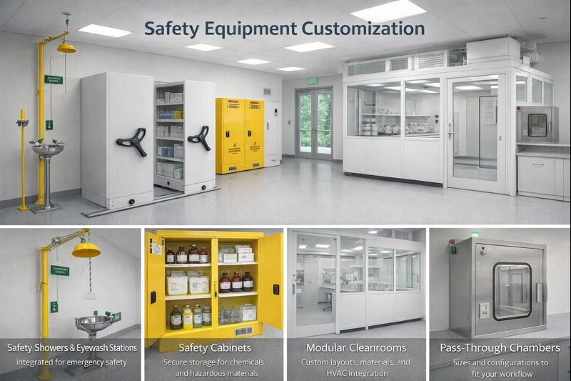 Safety equipment customization in a laboratory featuring safety shower and eyewash station, chemical safety cabinets, modular cleanroom with HVAC integration, and pass-through chamber