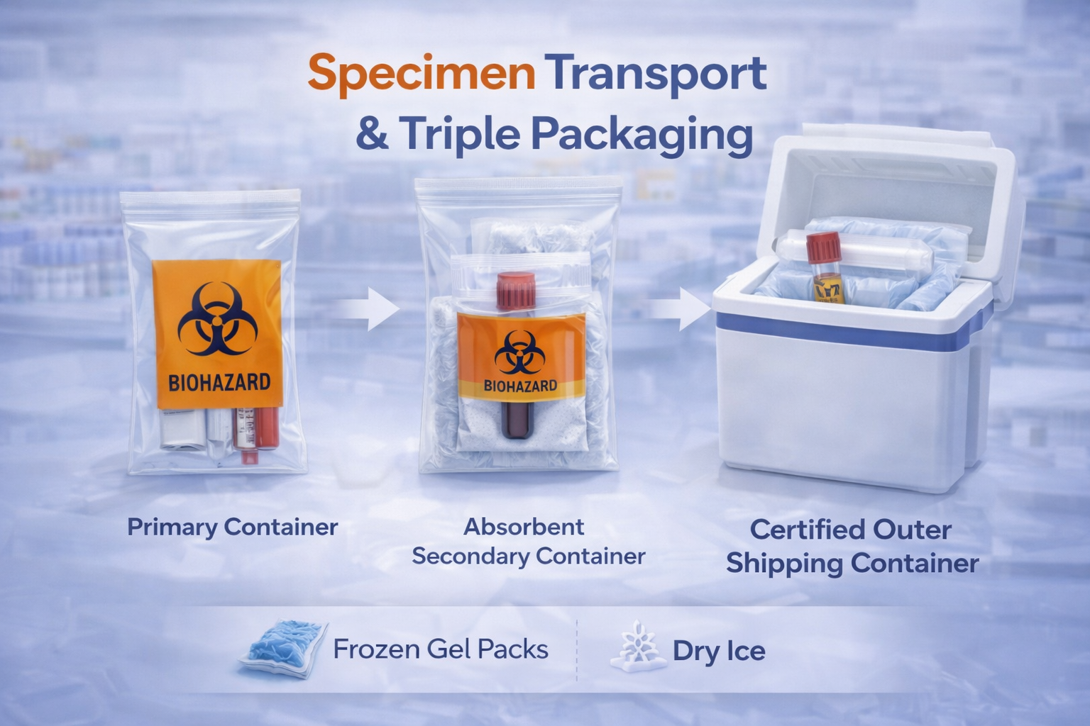 Specimen transport and triple packaging diagram showing a leak-proof primary container, sealed secondary bag with absorbent material, rigid outer shipping box, and cold-chain options with ice packs or dry ice