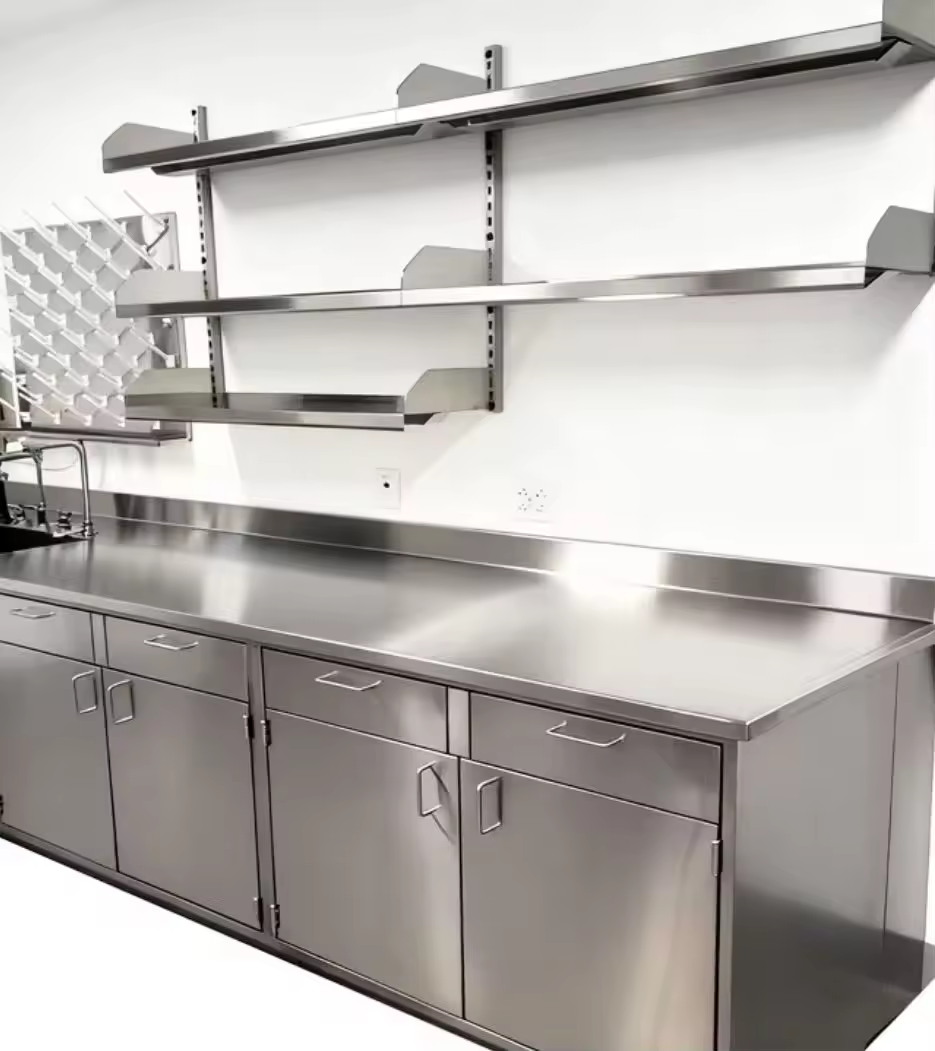 stainless steel lab bench with stainless shelves