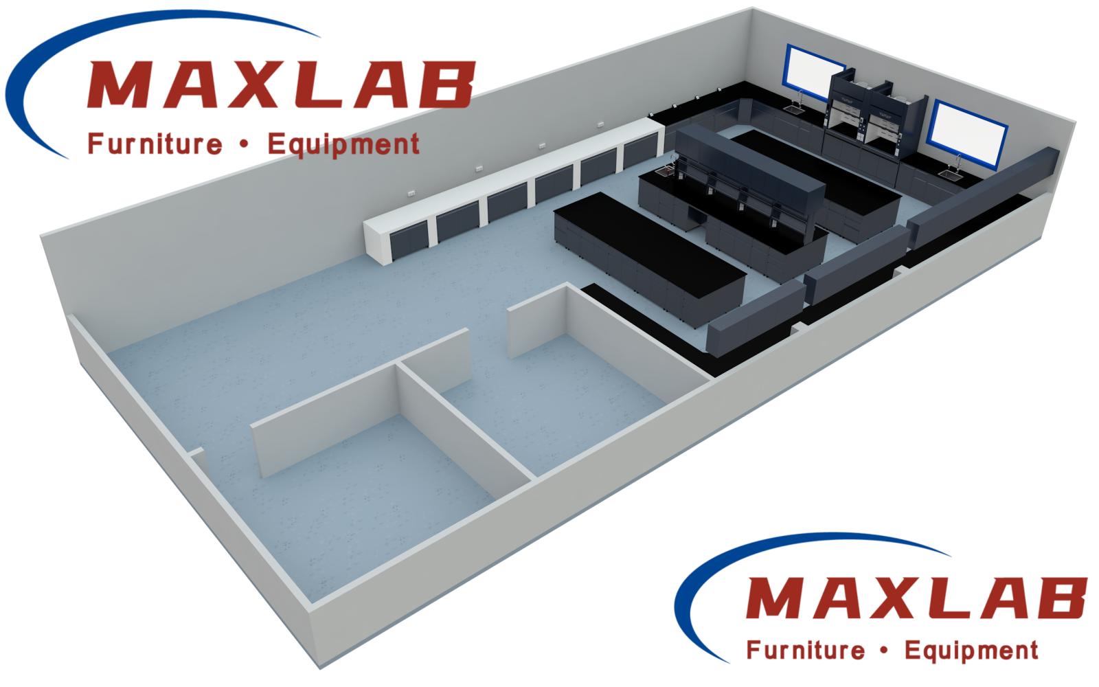 UAE-laboratory-island-bench-grey-cabinets-black-countertops