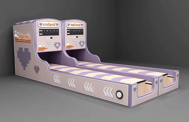 Flying - Children's-bowling Flying - A 3D rendering of a bowling alley. The alley has two lanes, each with a ball return and a scoring system. The balls are pink and white, and the pins are white.
