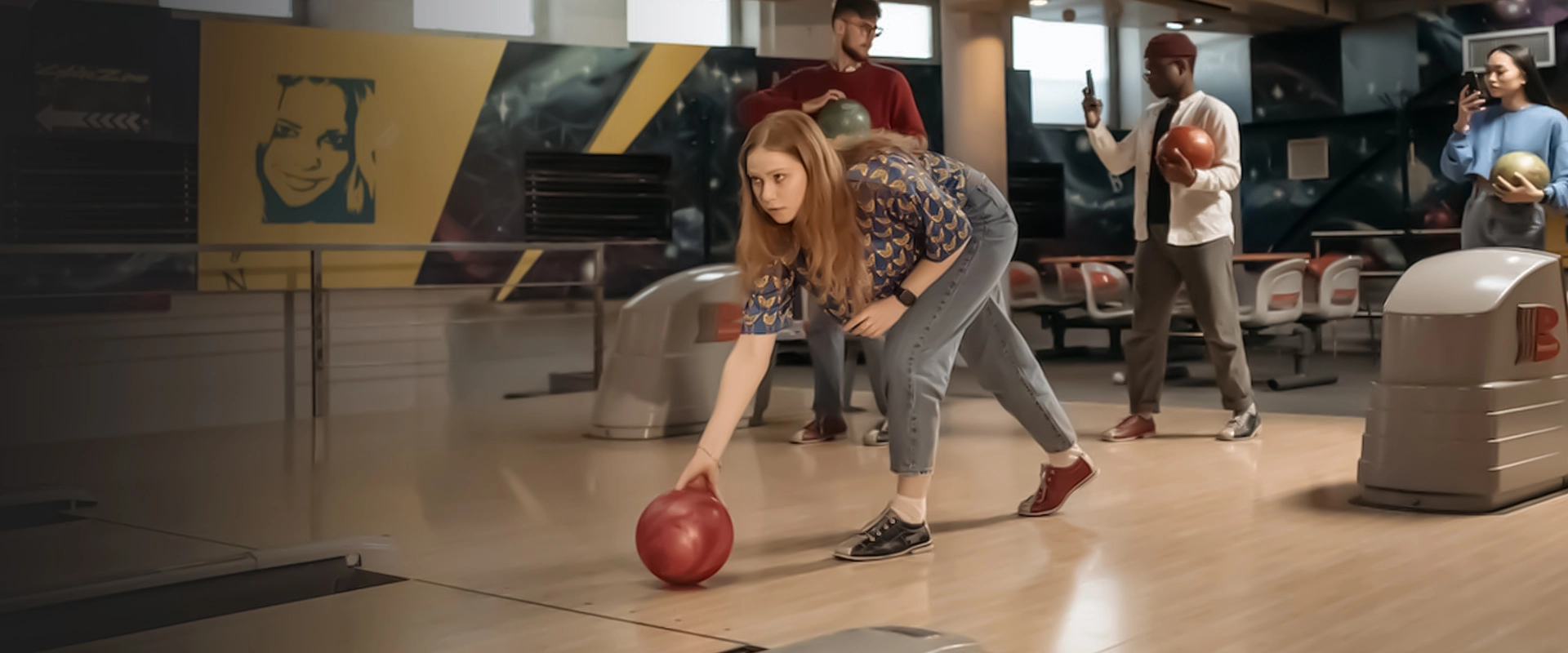 A young woman in jeans and a yellow shirt is bowling. She is holding the red bowling ball with both hands and is about to release it. There are three other people standing behind her, watching her bowl.