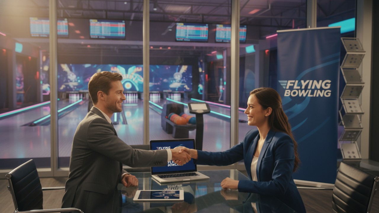 A business partnership scene between a consultant and an investor featuring modern bowling equipment and the Flying Bowling brand name on digital screens.